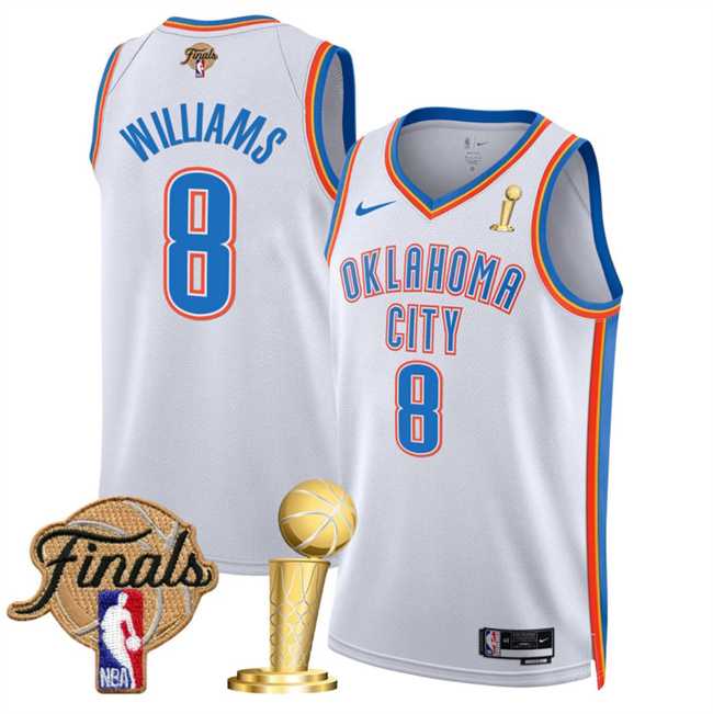 Mens Oklahoma City Thunder #8 Jalen Williams White 2025 Finals Patch And Finals Champions Patch Association Edition Stitched Jersey Dzhi->->NBA Jersey