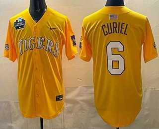 Men%27s LSU Tigers #6 Derek Curiel Gold 2025 World Series SEC Patch Stitched Baseball Jersey Dzhi->ole miss rebels->NCAA Jersey