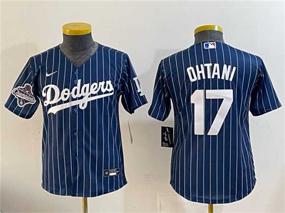 Youth Los Angeles Dodgers #17 Shohei Ohtani Navy Pinstripe 2025 World Series Champions Patch Cool Base Stitched Jersey Dzhi->mlb youth jerseys->MLB Jersey