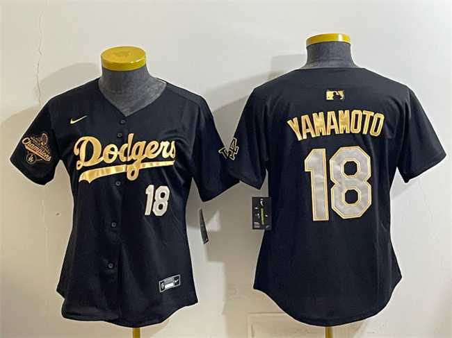Youth Los Angeles Dodgers #18 Yoshinobu Yamamoto Black Gold 2025 World Series Champions Patch Limited Stitched Jersey Dzhi->mlb youth jerseys->MLB Jersey