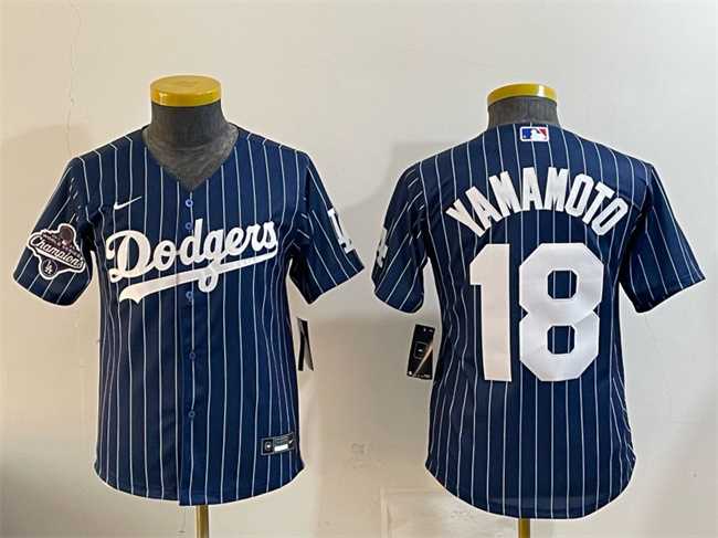 Youth Los Angeles Dodgers #18 Yoshinobu Yamamoto Navy Pinstripe 2025 World Series Champions Patch Cool Base Stitched Jersey Dzhi->mlb youth jerseys->MLB Jersey