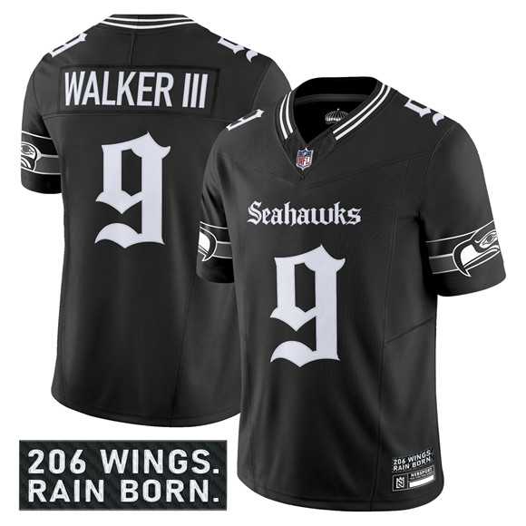 Men & Women & Youth Seattle Seahawks #9 Kenneth Walker III Black 2025 F.U.S.E. %27Gothic Rain City Shadows Edition%27 Vapor Limited Stitched Jersey->seattle seahawks->NFL Jersey