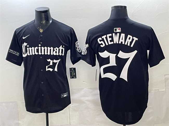 Mens Cincinnati Reds #27 Sal Stewart Black Gothic Queen City Edition Vapor Premier Limited Stitched Jersey->cincinnati reds->MLB Jersey