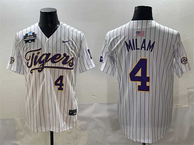 Mens LSU Tigers #4 Steven Milam White Pinstripe 2025 World Series & SEC Patch Stitched Baseball Jersey->lsu tigers->NCAA Jersey