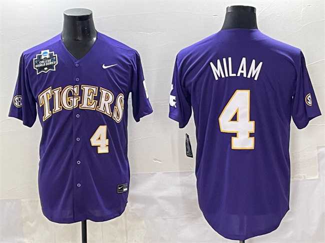 Mens LSU Tigers #4 Steven Milam Purple 2025 World Series & SEC Patch Stitched Baseball Jersey->lsu tigers->NCAA Jersey
