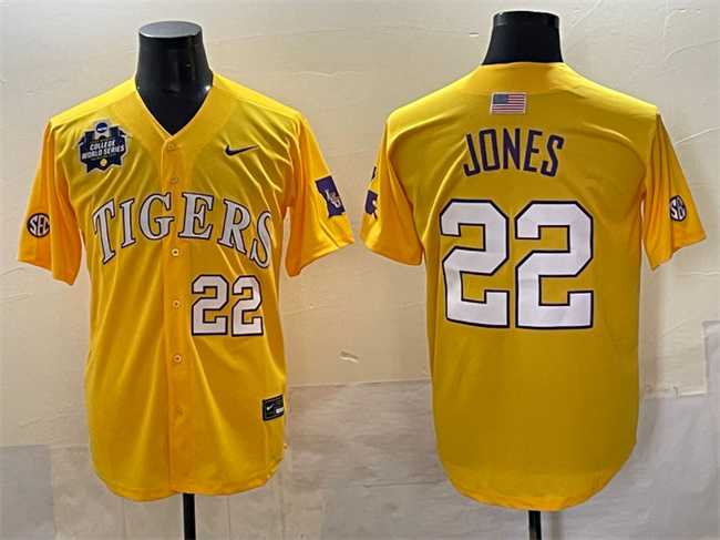 Mens LSU Tigers #22 Jared Jones Gold 2025 World Series & SEC Patch Stitched Baseball Jersey->lsu tigers->NCAA Jersey