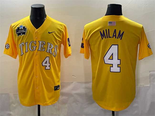 Mens LSU Tigers #4 Steven Milam Gold 2025 World Series & SEC Patch Stitched Baseball Jersey->lsu tigers->NCAA Jersey