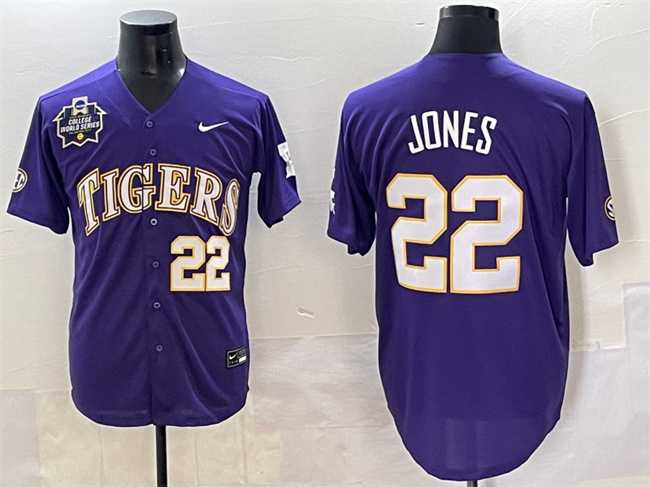 Mens LSU Tigers #22 Jared Jones Purple 2025 World Series & SEC Patch Stitched Baseball Jersey->lsu tigers->NCAA Jersey