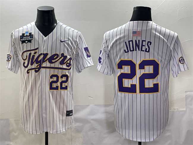 Men%27s LSU Tigers #22 Jared Jones White Pinstripe 2025 World Series & SEC Patch Stitched Baseball Jersey->lsu tigers->NCAA Jersey