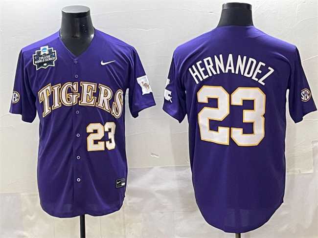 Mens LSU Tigers #23 Luis Hernandez Purple 2025 World Series & SEC Patch Stitched Baseball Jersey->lsu tigers->NCAA Jersey