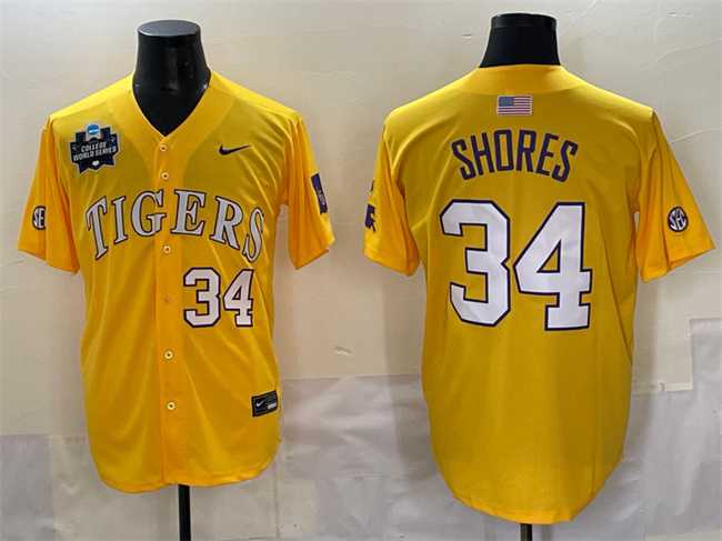 Mens LSU Tigers #34 Chase Shores Gold 2025 World Series & SEC Patch Stitched Baseball Jersey->lsu tigers->NCAA Jersey