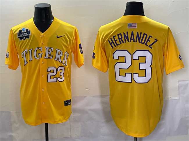 Men%27s LSU Tigers #23 Luis Hernandez Gold 2025 World Series & SEC Patch Stitched Baseball Jersey->lsu tigers->NCAA Jersey