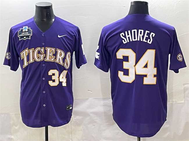 Mens LSU Tigers #34 Chase Shores Purple 2025 World Series & SEC Patch Stitched Baseball Jersey->lsu tigers->NCAA Jersey