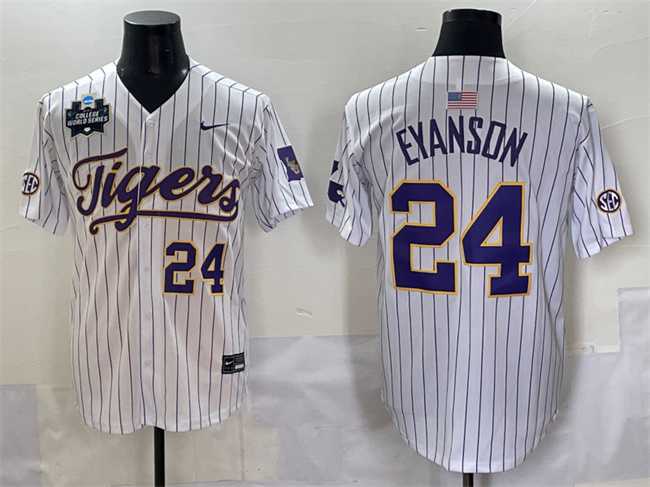 Mens LSU Tigers #24 Anthony Eyanson White Pinstripe 2025 World Series & SEC Patch Stitched Baseball Jersey->lsu tigers->NCAA Jersey