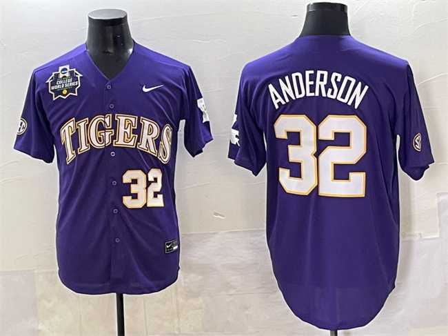 Mens LSU Tigers #32 Kade Anderson Purple 2025 World Series & SEC Patch Stitched Baseball Jersey->lsu tigers->NCAA Jersey