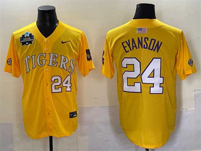 Mens LSU Tigers #24 Anthony Eyanson Gold 2025 World Series & SEC Patch Stitched Baseball Jersey->lsu tigers->NCAA Jersey
