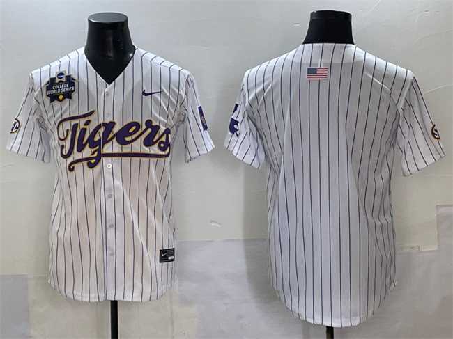 Mens LSU Tigers Blank White Pinstripe 2025 World Series & SEC Patch Stitched Baseball Jersey->lsu tigers->NCAA Jersey