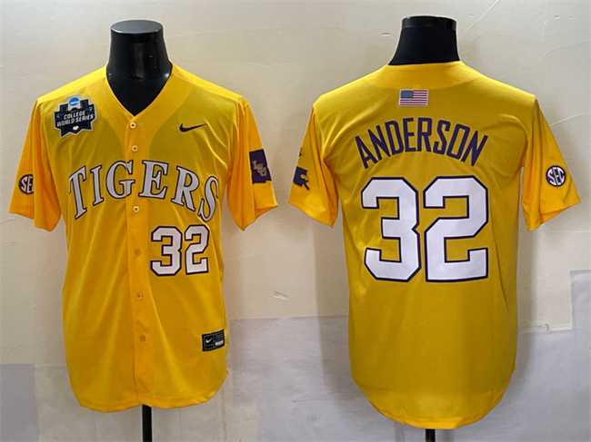 Mens LSU Tigers #32 Kade Anderson Gold 2025 World Series & SEC Patch Stitched Baseball Jersey->lsu tigers->NCAA Jersey