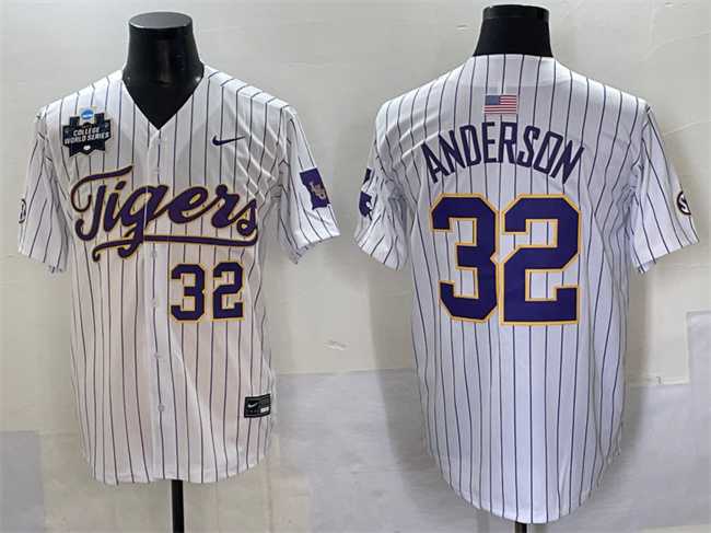 Mens LSU Tigers #32 Kade Anderson White Pinstripe 2025 World Series & SEC Patch Stitched Baseball Jersey->lsu tigers->NCAA Jersey