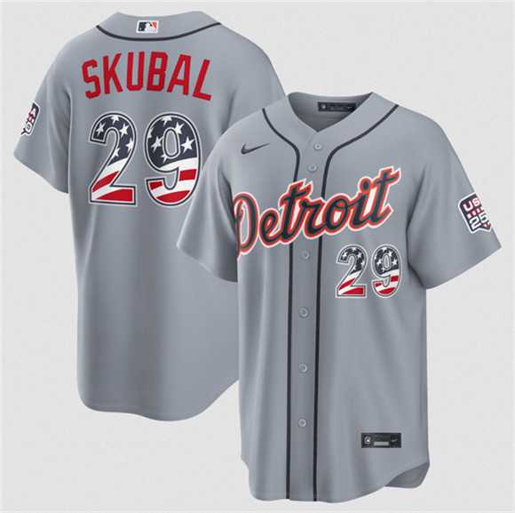 Men%27s Detroit Tigers #29 Tarik Skubal Grey 2026 USA 250 Fourth of July Stitched Jersey Dzhi->detroit tigers->MLB Jersey