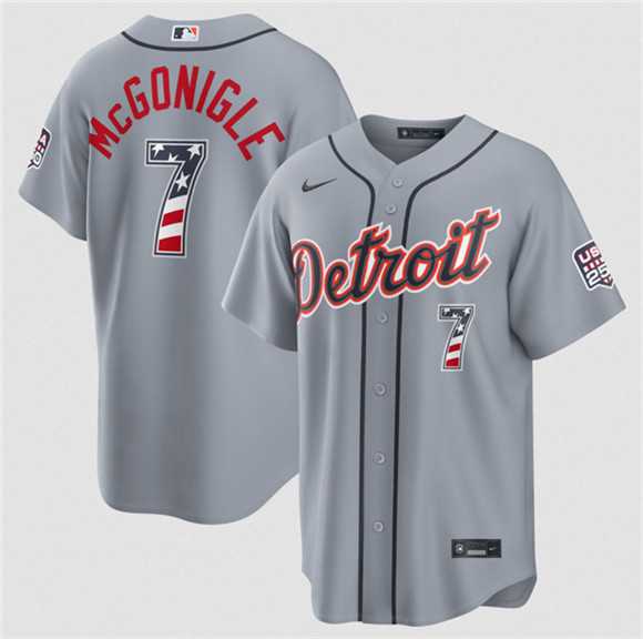 Men%27s Detroit Tigers #7 Kevin McGonigle Gray 2026 USA 250 Fourth of July Stitched Jersey Dzhi->detroit tigers->MLB Jersey