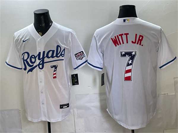 Mens Kansas City Royals #7 Bobby Witt Jr. White 250 Fourth of July Stitched Jersey Dzhi->kansas city royals->MLB Jersey