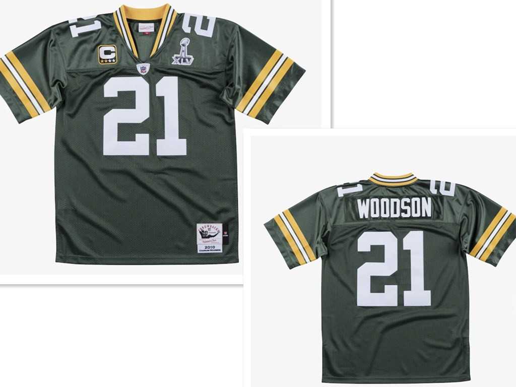 Men%27s Green Bay Packers #21 Charles Woodson Green With 2-star captains%27 patch and Super Bowl XLV patch 2010 Throwback Jersey->atlanta falcons->NFL Jersey