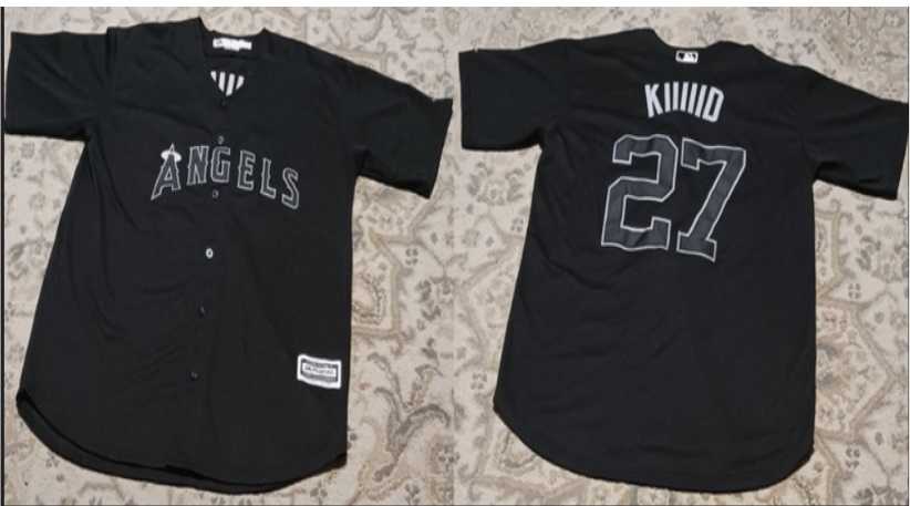 Mens Los Angeles Angels #27 Mike Trout KIIIIID Black Stitched Jersey->los angeles angels->MLB Jersey