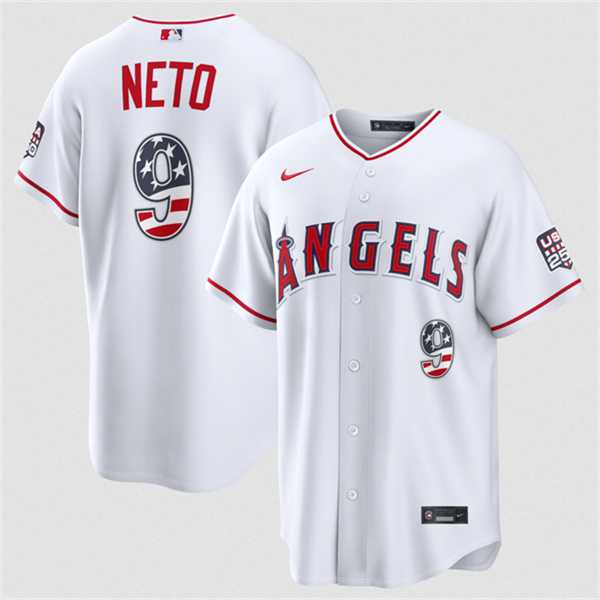 Mens Los Angeles Angels #9 Zach Neto 2026 White USA 250 Fourth of July Home Stadium Stitched Jersey Dzhi->los angeles angels->MLB Jersey