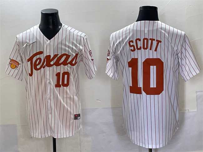 Mens Texas Longhorns #10 Mia Scott White Pinstripe 2025 Softball National Champions & SEC Patch Stitched Jersey->texas longhorns->NCAA Jersey