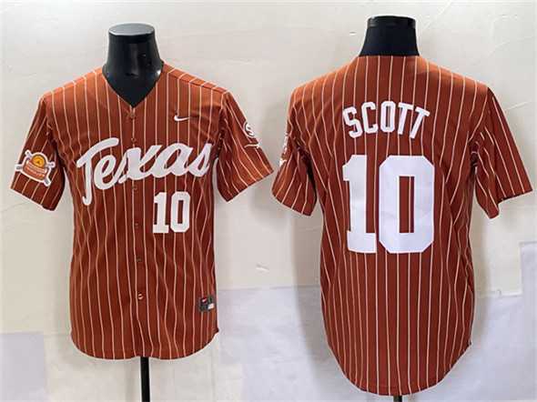 Men%27s Texas Longhorns #10 Mia Scott Orange Pinstripe 2025 Softball National Champions & SEC Patch Stitched Jersey->texas longhorns->NCAA Jersey
