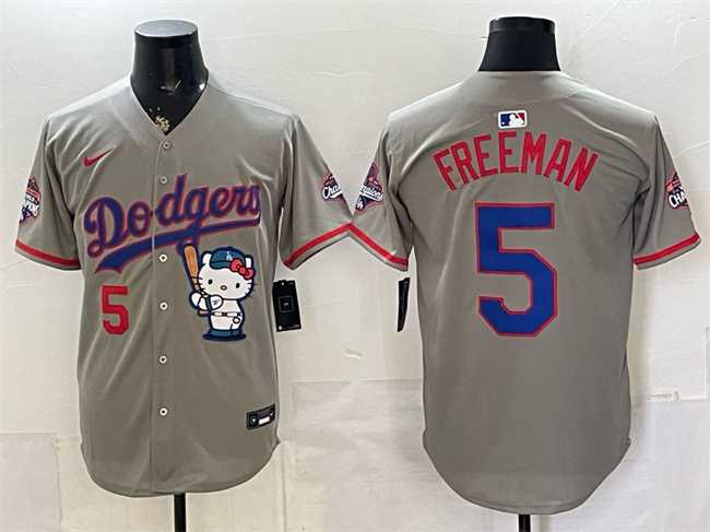 Mens Los Angeles Dodgers #5 Freddie Freeman Grey Hello Kitty Night 2025 World Series Champions Patch Stitched Jersey->los angeles dodgers->MLB Jersey