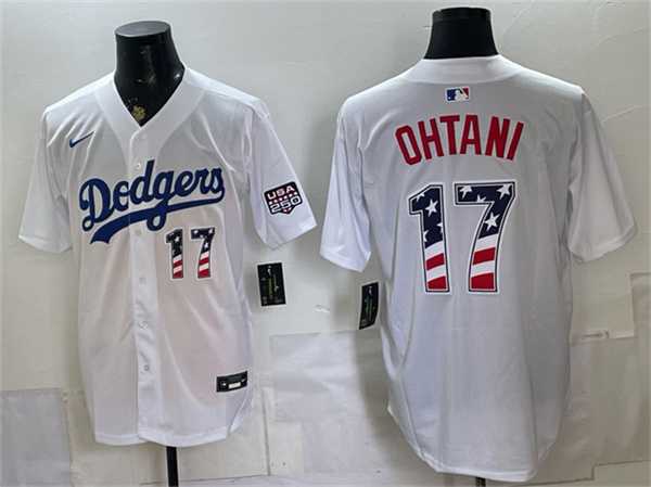 Mens Los Angeles Dodgers #17 Shohei Ohtani White 250 Fourth of July Home Stitched Jersey Dzhi->los angeles dodgers->MLB Jersey
