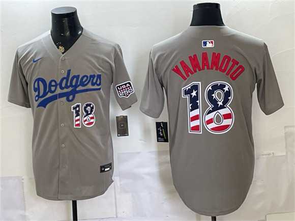 Mens Los Angeles Dodgers #18 Yoshinobu Yamamoto Gray USA 250 Fourth of July Stitched Jersey Dzhi->los angeles dodgers->MLB Jersey