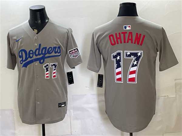 Mens Los Angeles Dodgers #17 Shohei Ohtani Gray 250 Fourth of July Road Stitched Jersey Dzhi->los angeles dodgers->MLB Jersey