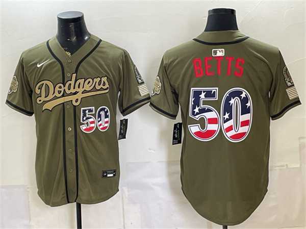 Mens Los Angeles Dodgers #50 Mookie Betts Olive 2026 Armed Forces Day 250 Fourth of July Stitched Jersey Dzhi->los angeles dodgers->MLB Jersey