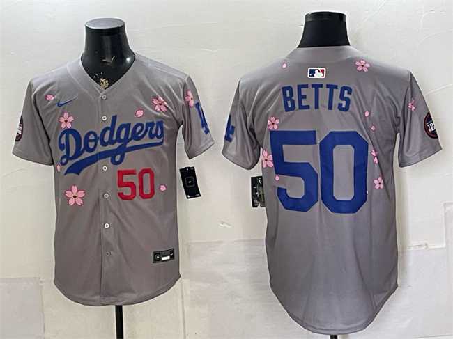 Mens Los Angeles Dodgers #50 Mookie Betts Grey 2025 Tokyo Series Limited Stitched Jersey->los angeles dodgers->MLB Jersey