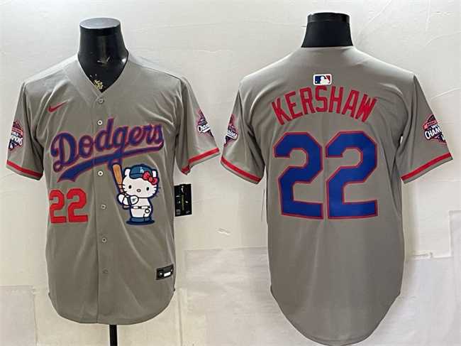 Mens Los Angeles Dodgers #22 Clayton Kershaw Grey Hello Kitty Night 2025 World Series Champions Patch Stitched Jersey->los angeles dodgers->MLB Jersey