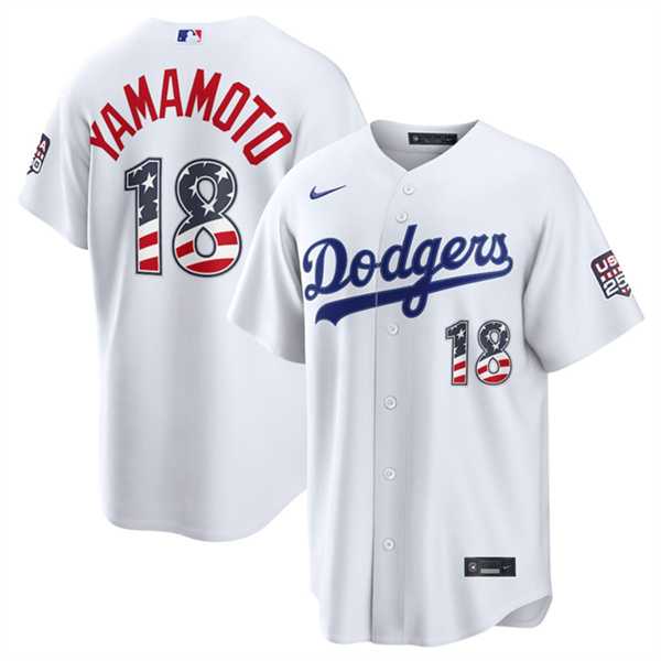 Mens Los Angeles Dodgers #18 Yoshinobu Yamamoto White USA 250 Fourth of July Home Stitched Jersey Dzhi->los angeles dodgers->MLB Jersey