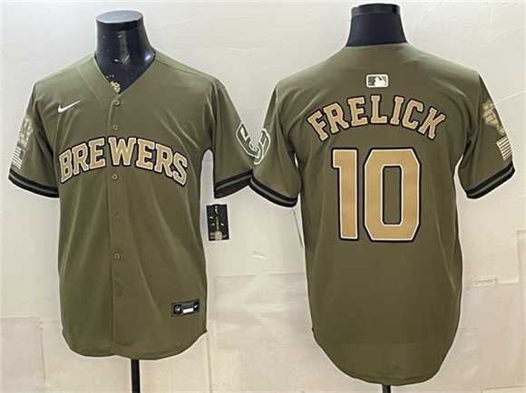 Mens Milwaukee Brewers #10 Sal Frelick Olive 2026 Armed Forces Day Stitched Jersey Dzhi->milwaukee brewers->MLB Jersey