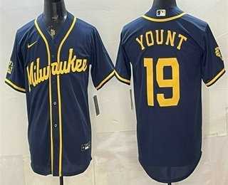 Mens Milwaukee Brewers #19 Robin Yount Navy Blue Stitched Cool Base Jersey->milwaukee brewers->MLB Jersey