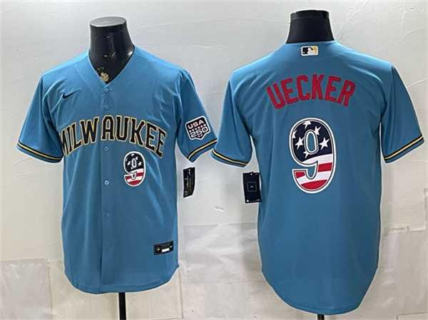 Mens Milwaukee Brewers #9 Bob Uecker Blue 2026 USA 250 Fourth of July Home Stadium Stitched Jersey Dzhi->milwaukee brewers->MLB Jersey