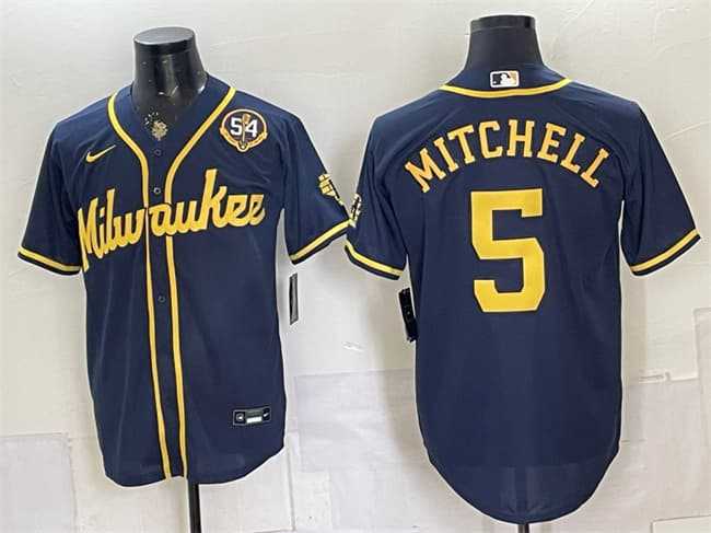 Mens Milwaukee Brewers #5 Garrett Mitchell Navy With Home & Bob Uecker Patch Limited Stitched Jersey->milwaukee brewers->MLB Jersey