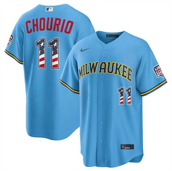 Mens Milwaukee Brewers #11 Jackson Chourio Blue 2026 USA 250 Fourth of July Home Stadium Stitched Jersey Dzhi->milwaukee brewers->MLB Jersey