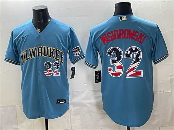 Mens Milwaukee Brewers #32 Jacob Misiorowski Blue 2026 USA 250 Fourth of July Home Stadium Stitched Jersey Dzhi->milwaukee brewers->MLB Jersey
