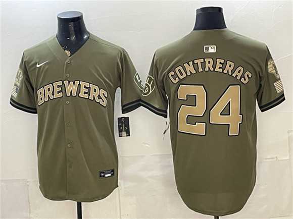 Mens Milwaukee Brewers #24 William Contreras Olive 2026 Armed Forces Day Stitched Jersey Dzhi->milwaukee brewers->MLB Jersey