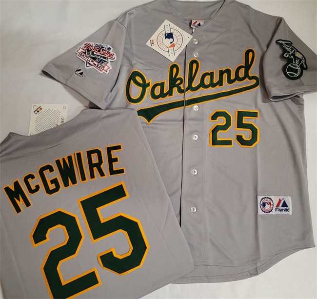 Mens Oakland Athletics #25 Mark McGwire Grey With Green Elephant & 1989 World Series Patch Battle of the Bay Stitched Jersey->oakland athletics->MLB Jersey