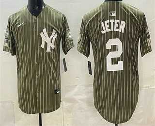 Men%27s New York Yankees #2 Derek Jeter Olive Pinstripe 2026 Armed Forces Day Salute To Service Jersey Dzhi->new york yankees->MLB Jersey