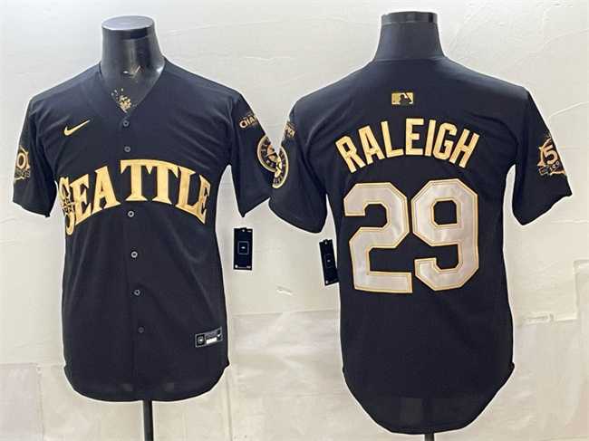 Men%27s Seattle Mariners #29 Cal Raleigh Black Gold 50th Anniversary & AL West Division Champions Patch Vapor Limited Stitched Jersey->seattle mariners->MLB Jersey