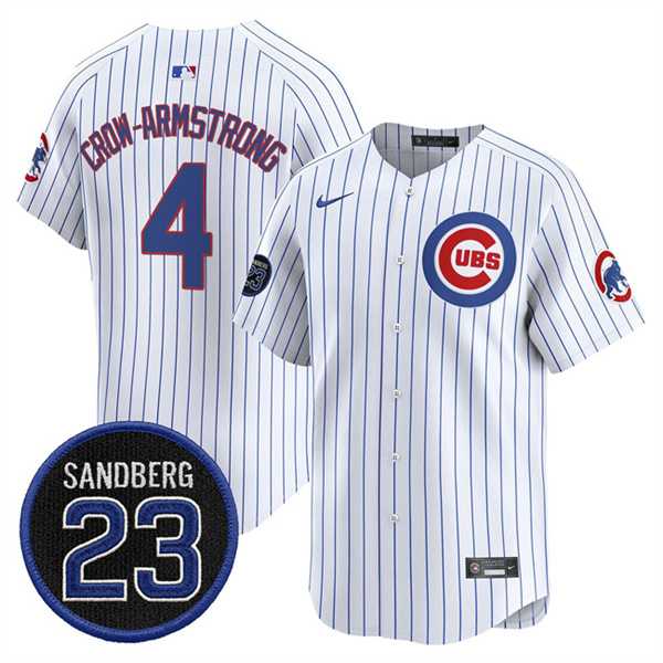 Men%27s Chicago Cubs #4 Pete Crow-Armstrong White Pinstripe %27Ryne Sandberg Tribute%27 Vapor Limited V2 Stitched Jersey Dzhi->chicago cubs->MLB Jersey